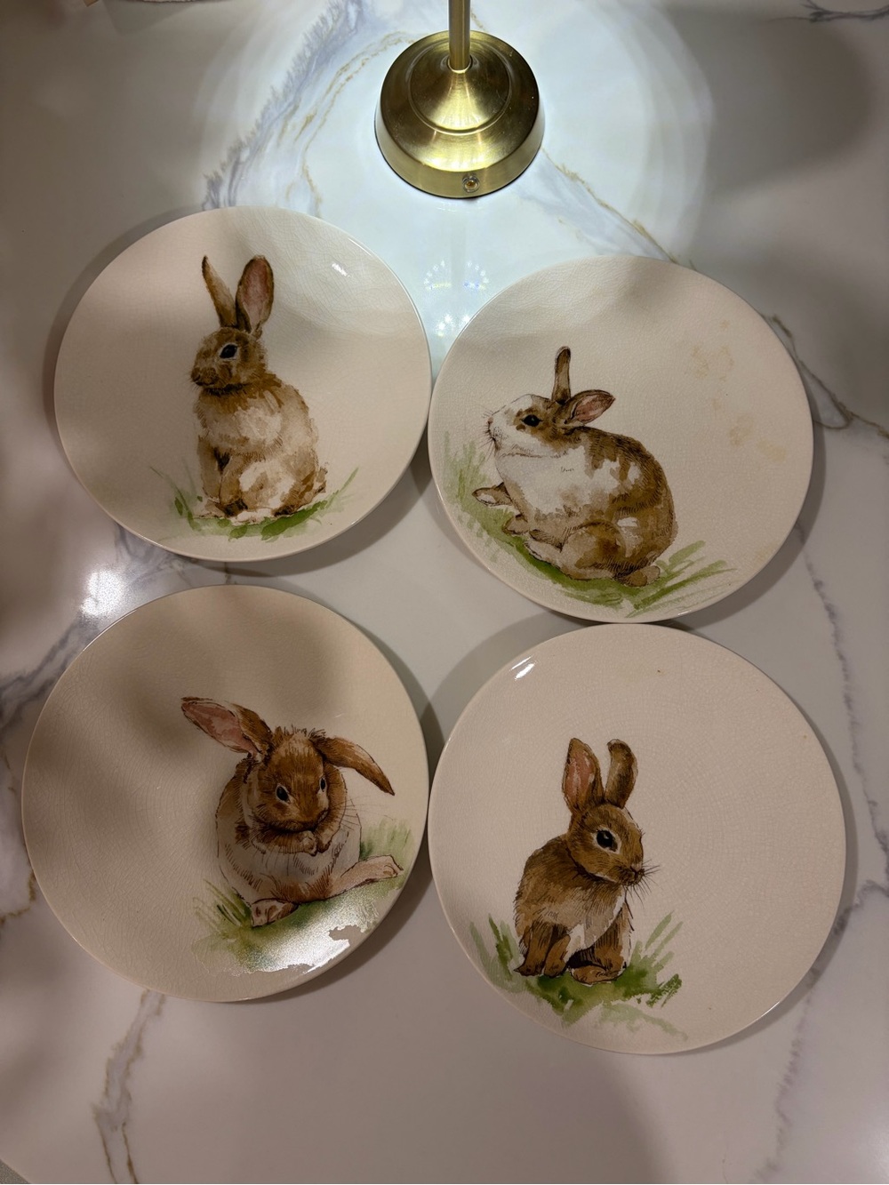 Pottery Barn Easter Bunny Illustration Ceramic Salad Plates - Set of 4, Cream